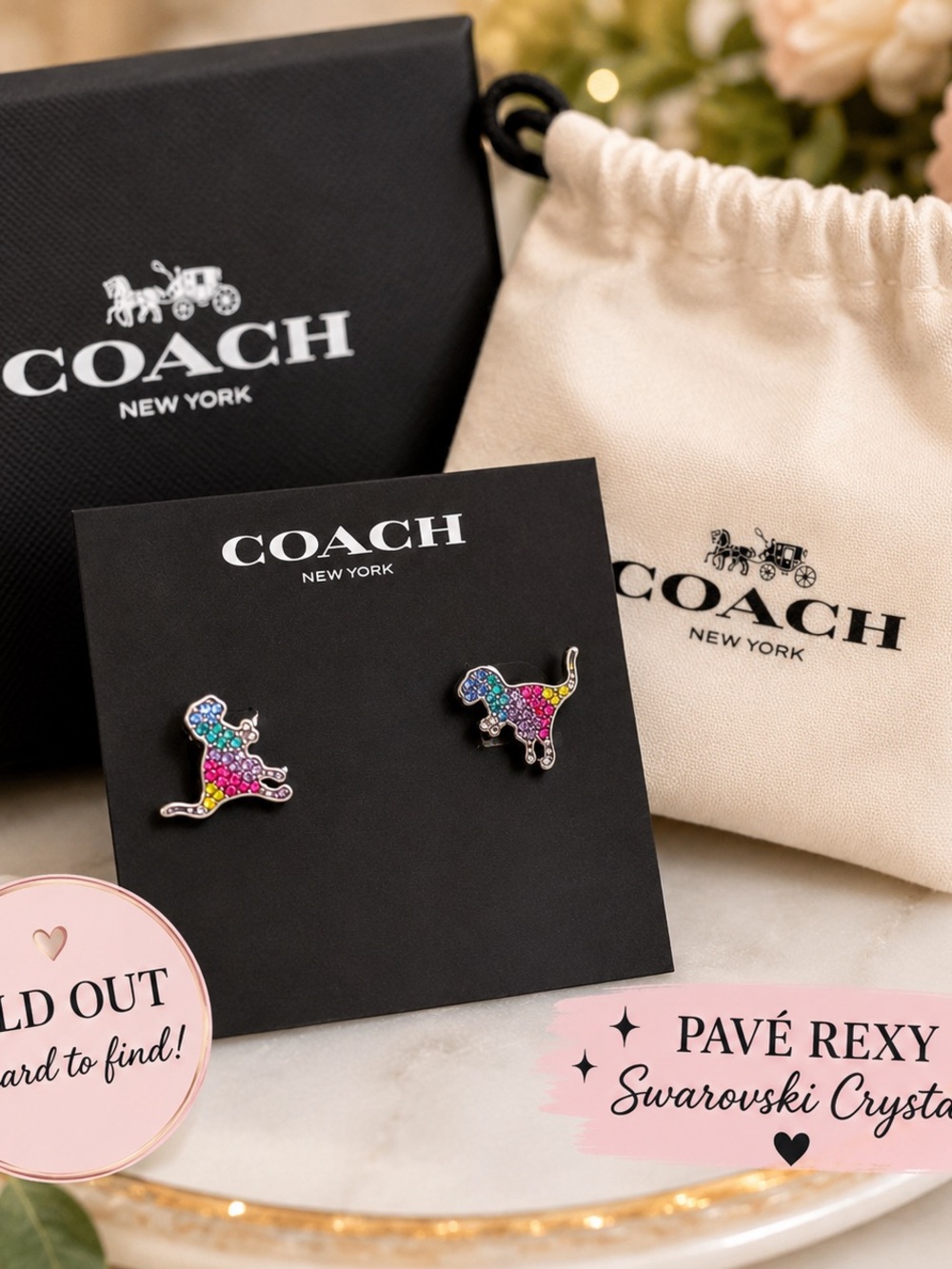 NWT Coach Pavé Rexy Swarovski Crystal Dinosaur Stud Earrings w/ pouch